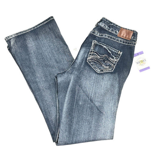 Maurices Bootcut Jeans 14 Long Distressed BOHO Western Cowgirl Y2K Thick Stitch