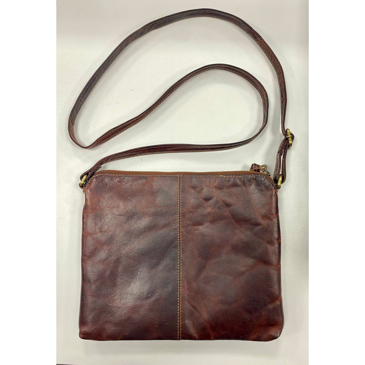 Valenchi Distressed Brown Leather Triple Zip Crossbody Purse