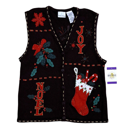 Bobbie Brooks Womens S Christmas Sweater Vest Black Festive Embroidered Beaded