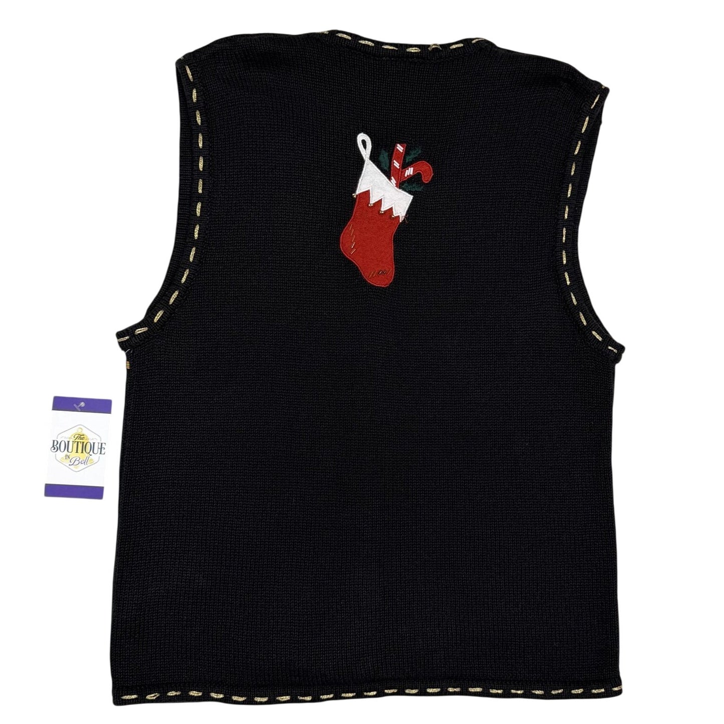 Bobbie Brooks Womens S Christmas Sweater Vest Black Festive Embroidered Beaded