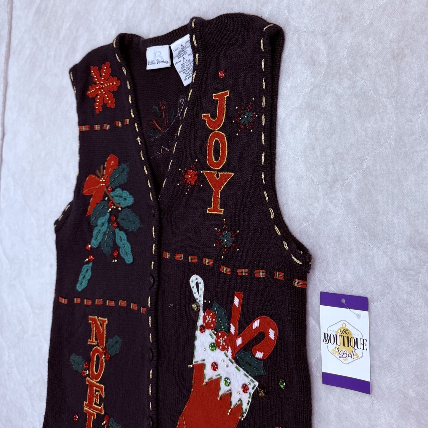 Bobbie Brooks Womens S Christmas Sweater Vest Black Festive Embroidered Beaded