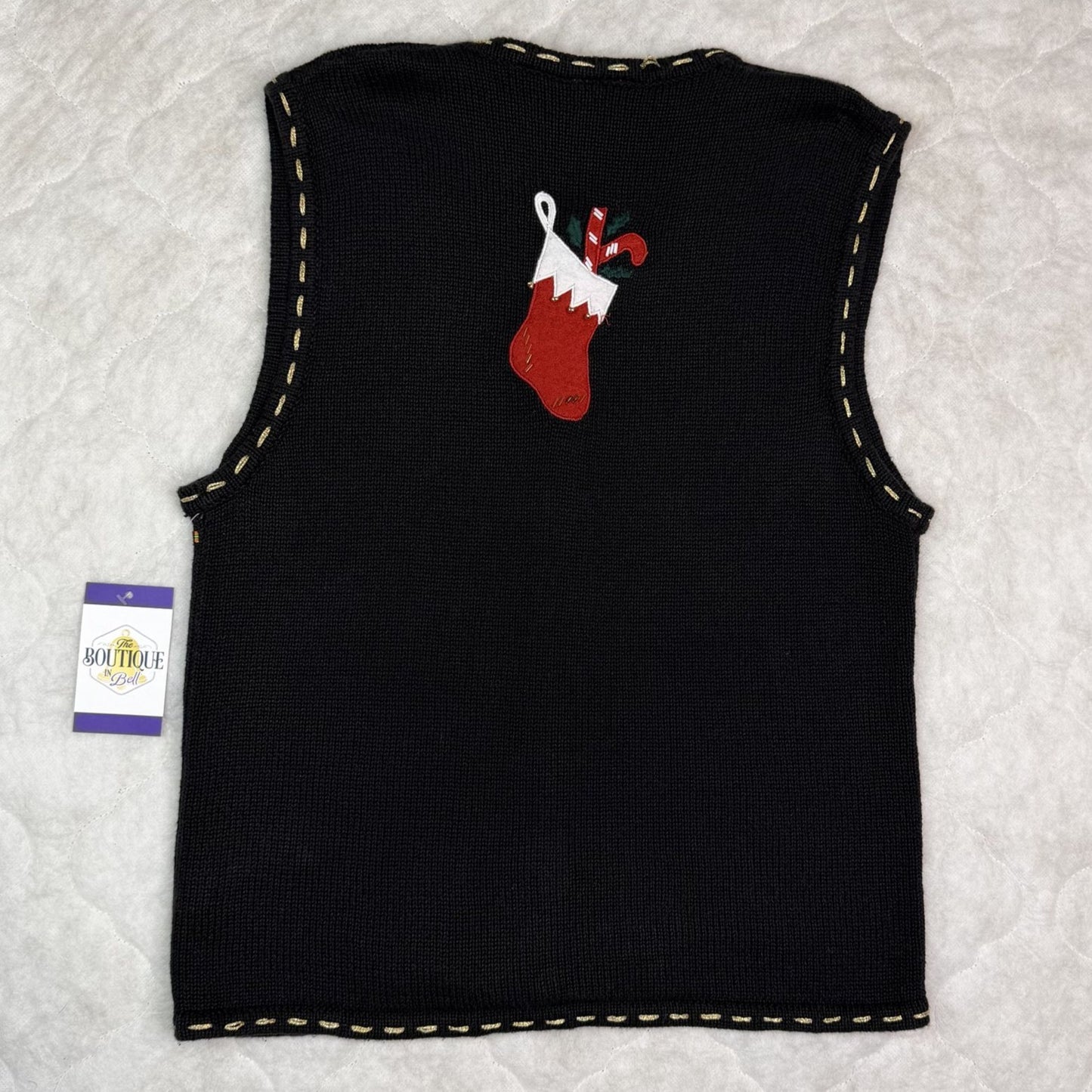 Bobbie Brooks Womens S Christmas Sweater Vest Black Festive Embroidered Beaded