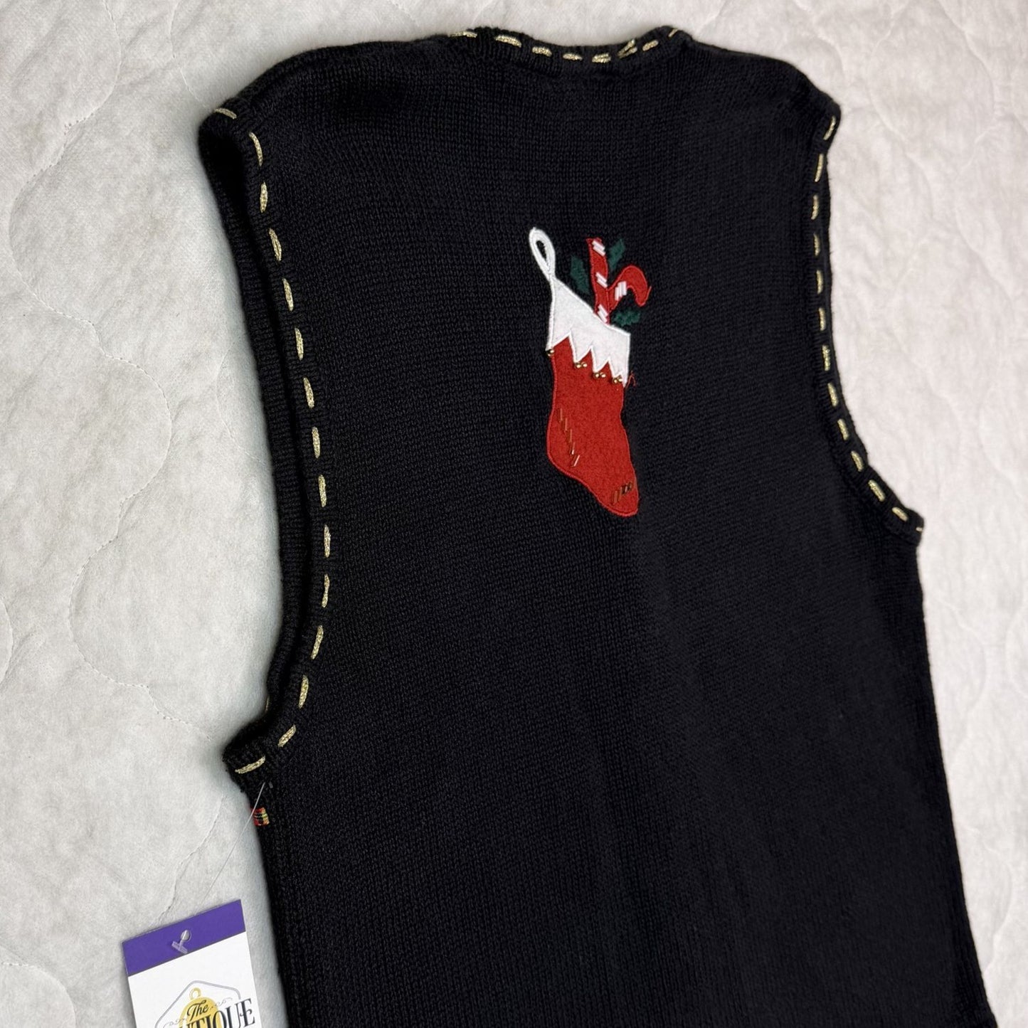 Bobbie Brooks Womens S Christmas Sweater Vest Black Festive Embroidered Beaded