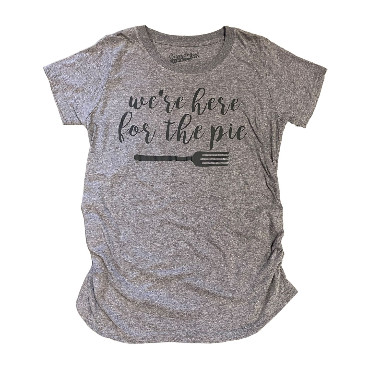 Crazydog Tshirts Thanksgiving Maternity Tee Large "We're here for the pie" Gray