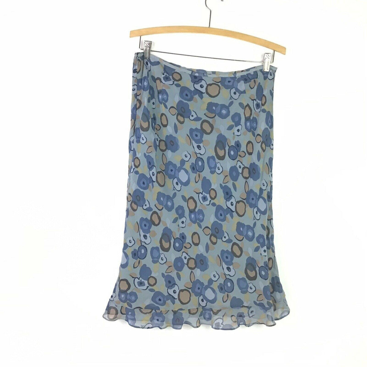 Ann Taylor 10 Blue Floral Silk Midi Skirt Ruffle Hem Lined Contemporary Abstract