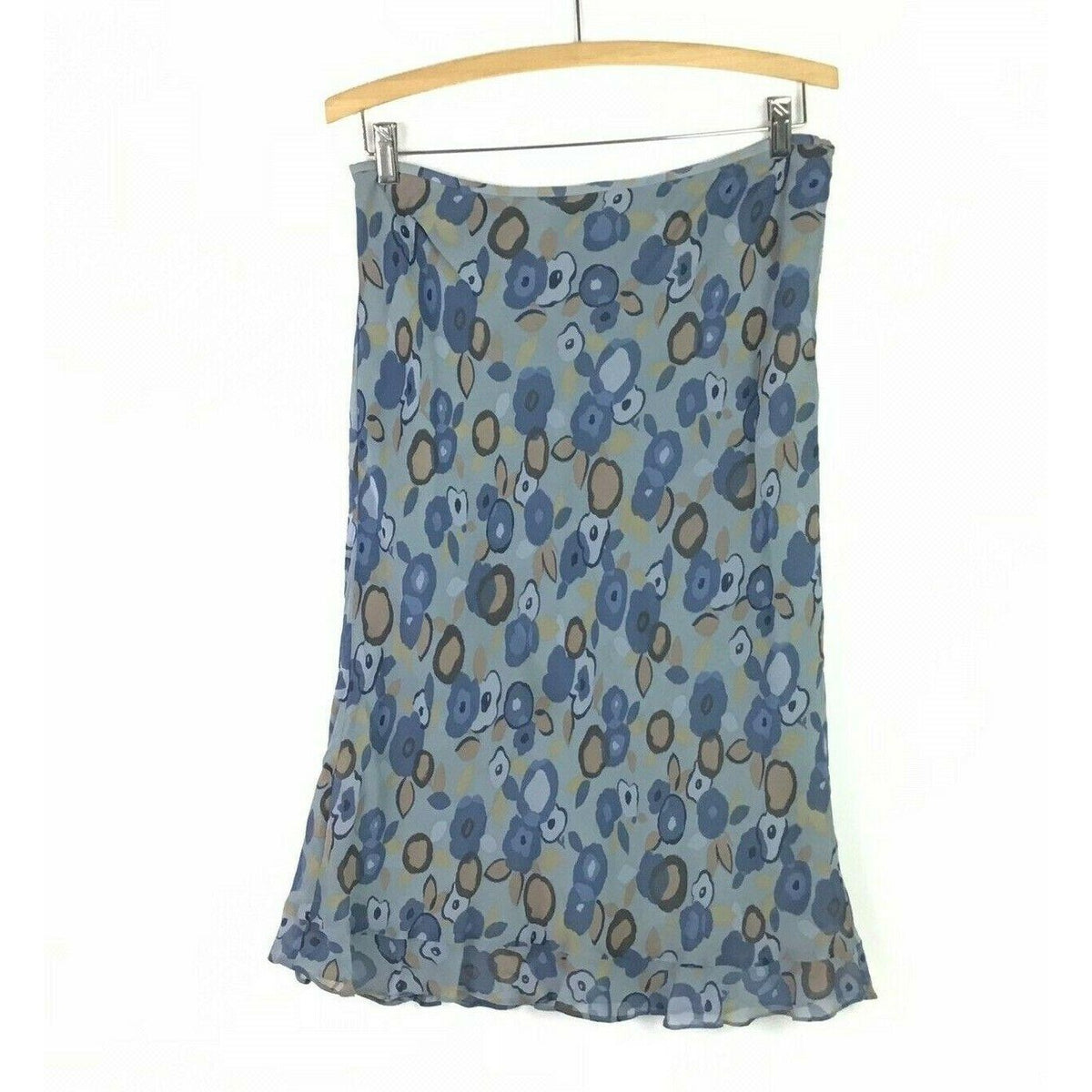 Ann Taylor 10 Blue Floral Silk Midi Skirt Ruffle Hem Lined Contemporary Abstract