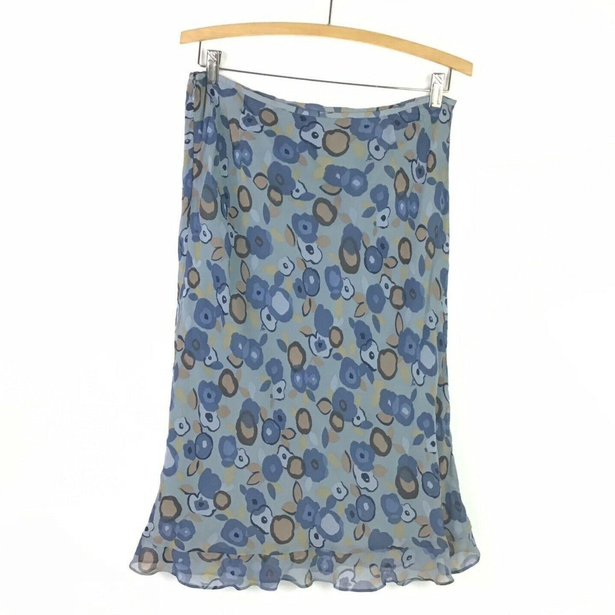 Ann Taylor 10 Blue Floral Silk Midi Skirt Ruffle Hem Lined Contemporary Abstract