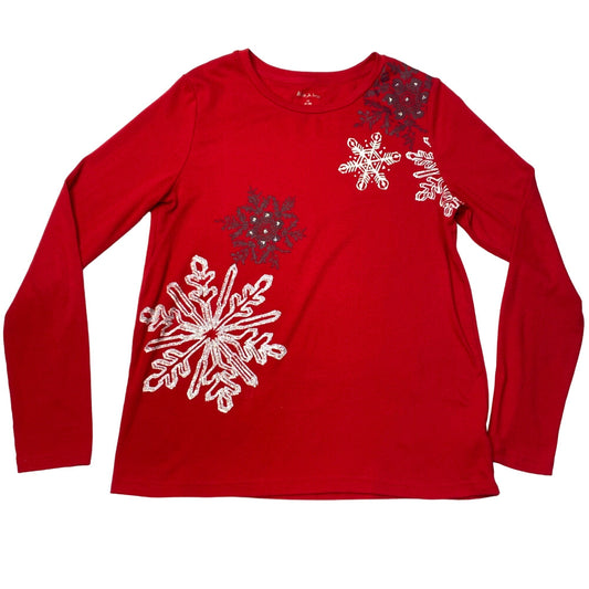 Christmas Novelty Shirt M Red Silver Snowflake Bejeweled Cozy Glam Holidaycore