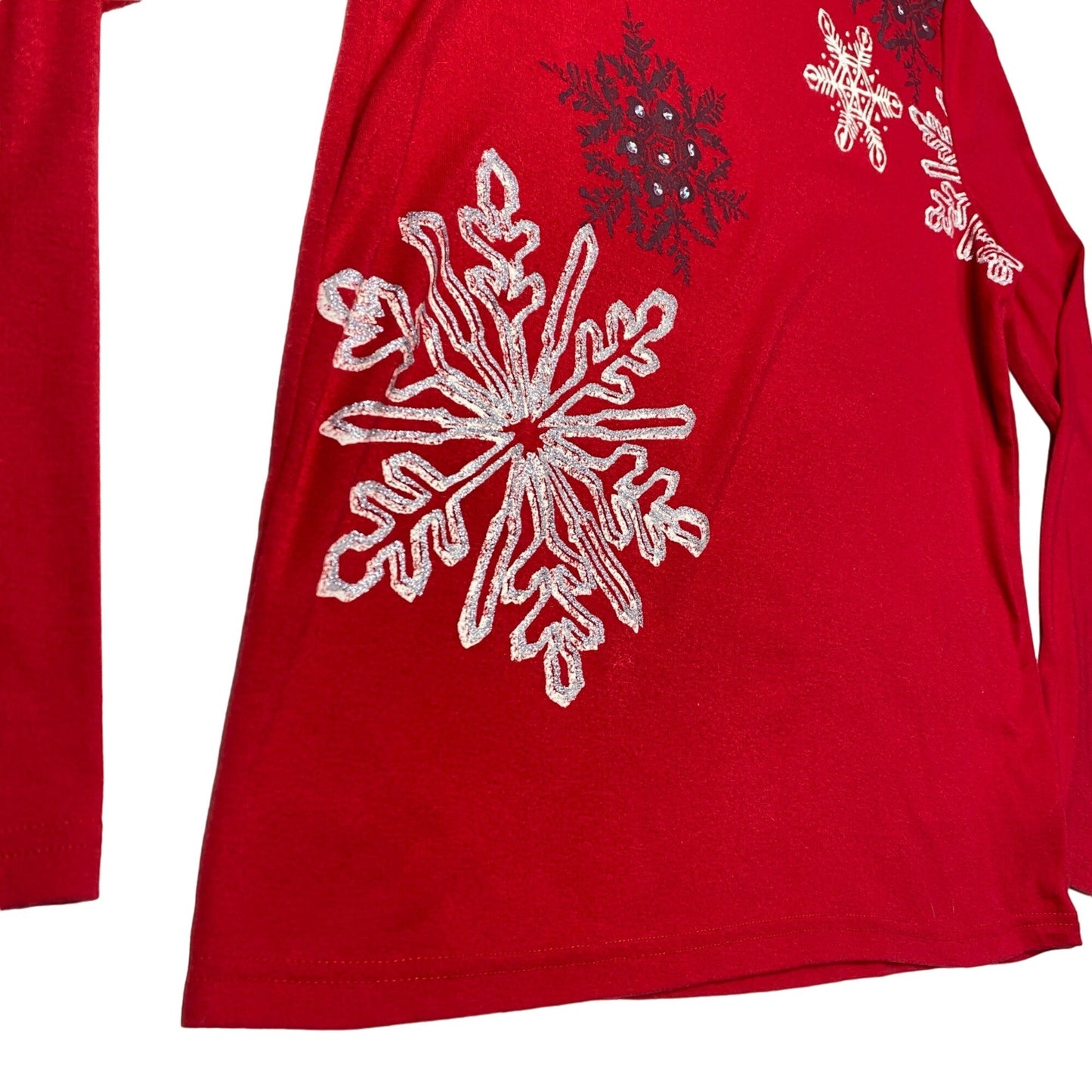 Christmas Novelty Shirt M Red Silver Snowflake Bejeweled Cozy Glam Holidaycore