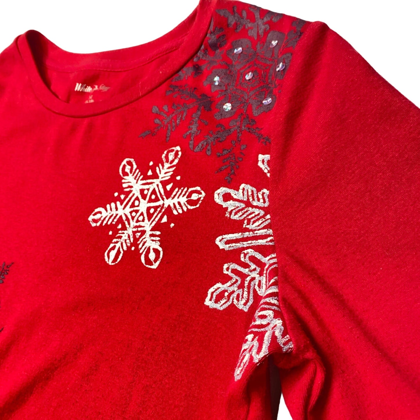 Christmas Novelty Shirt M Red Silver Snowflake Bejeweled Cozy Glam Holidaycore