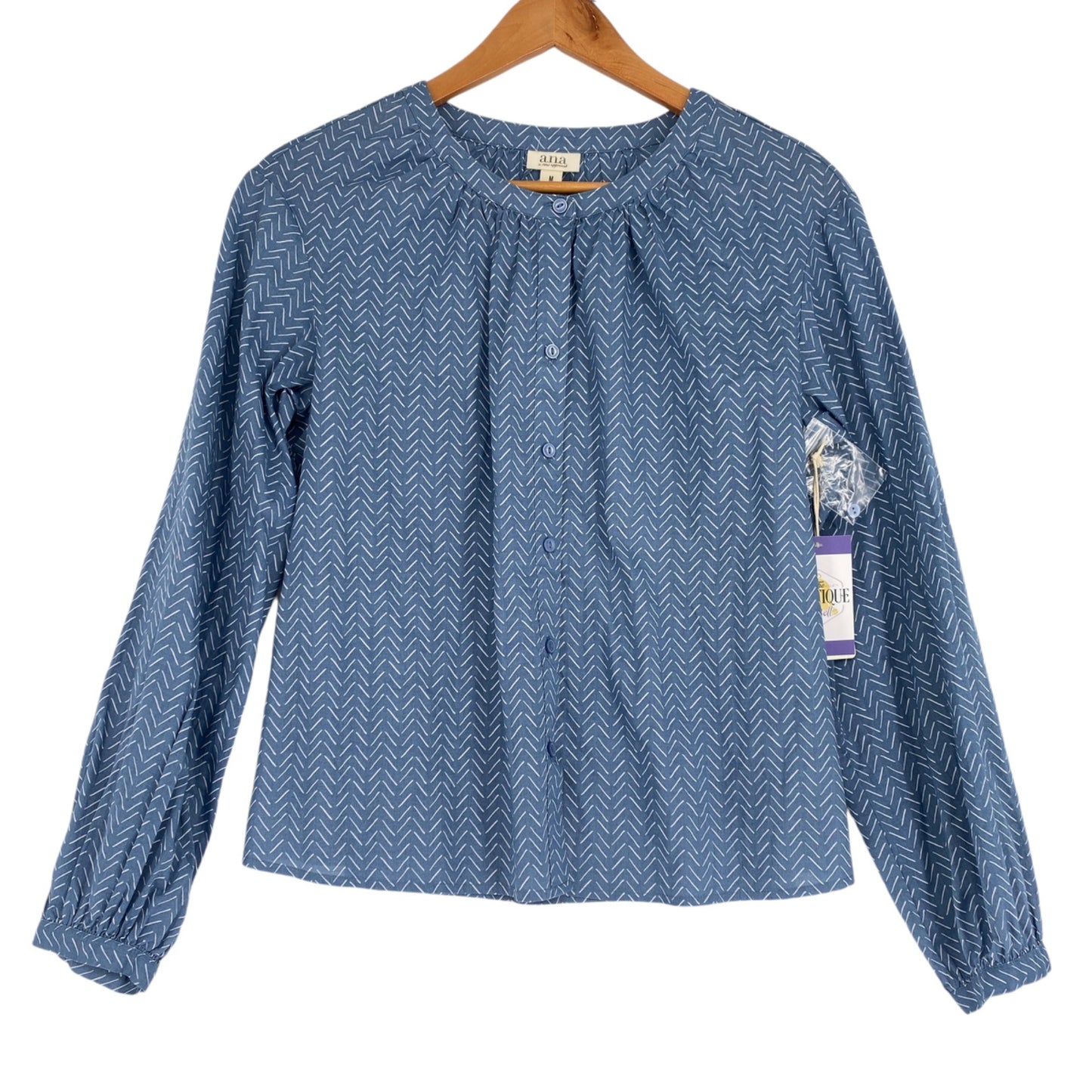 NWT a.n.a. Womens M Blue Line Geometric Button Up Shirt Peasant Top Long Sleeve