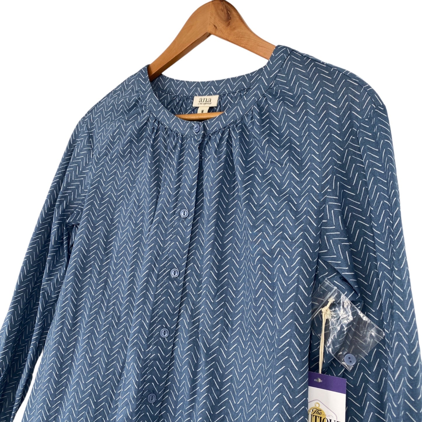 NWT a.n.a. Womens M Blue Line Geometric Button Up Shirt Peasant Top Long Sleeve