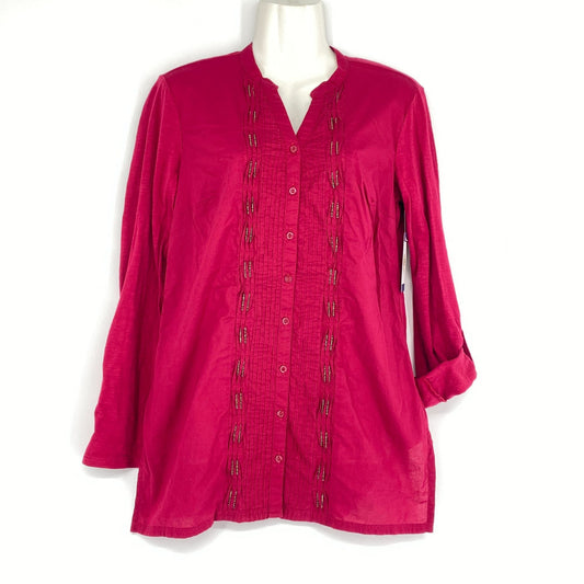 Coldwater Creek Blouse Maroon XS Tunic Pintuck Beaded Roll Tab Split Hem Vneck