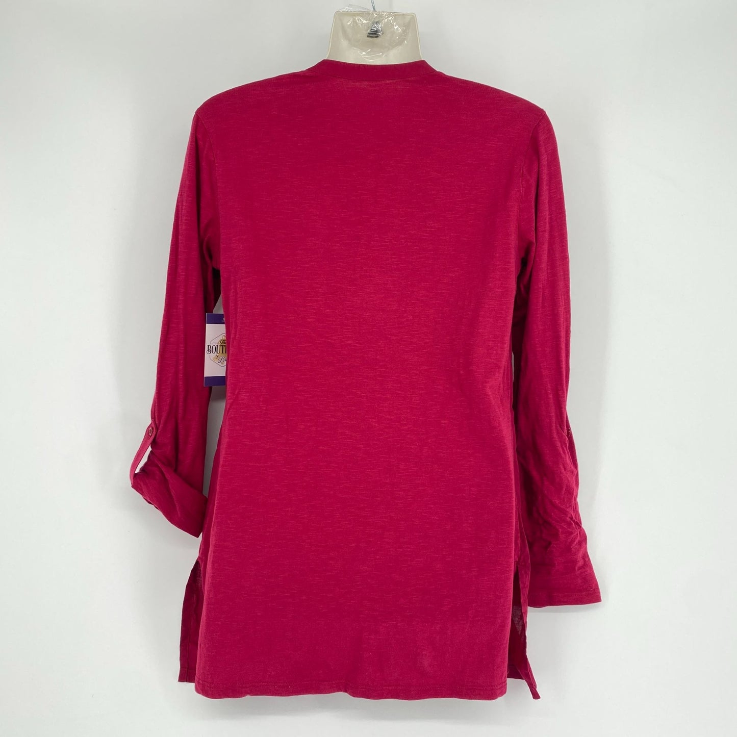 Coldwater Creek Blouse Maroon XS Tunic Pintuck Beaded Roll Tab Split Hem Vneck