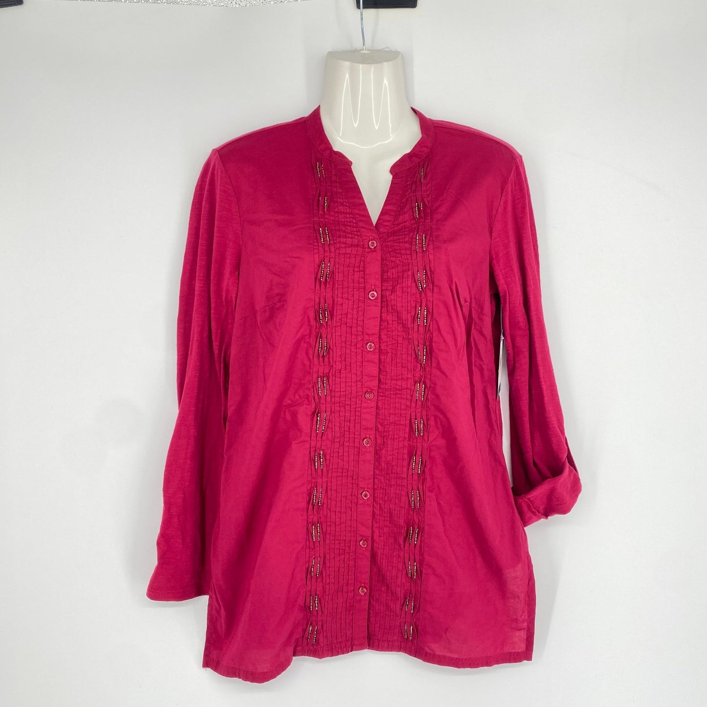 Coldwater Creek Blouse Maroon XS Tunic Pintuck Beaded Roll Tab Split Hem Vneck