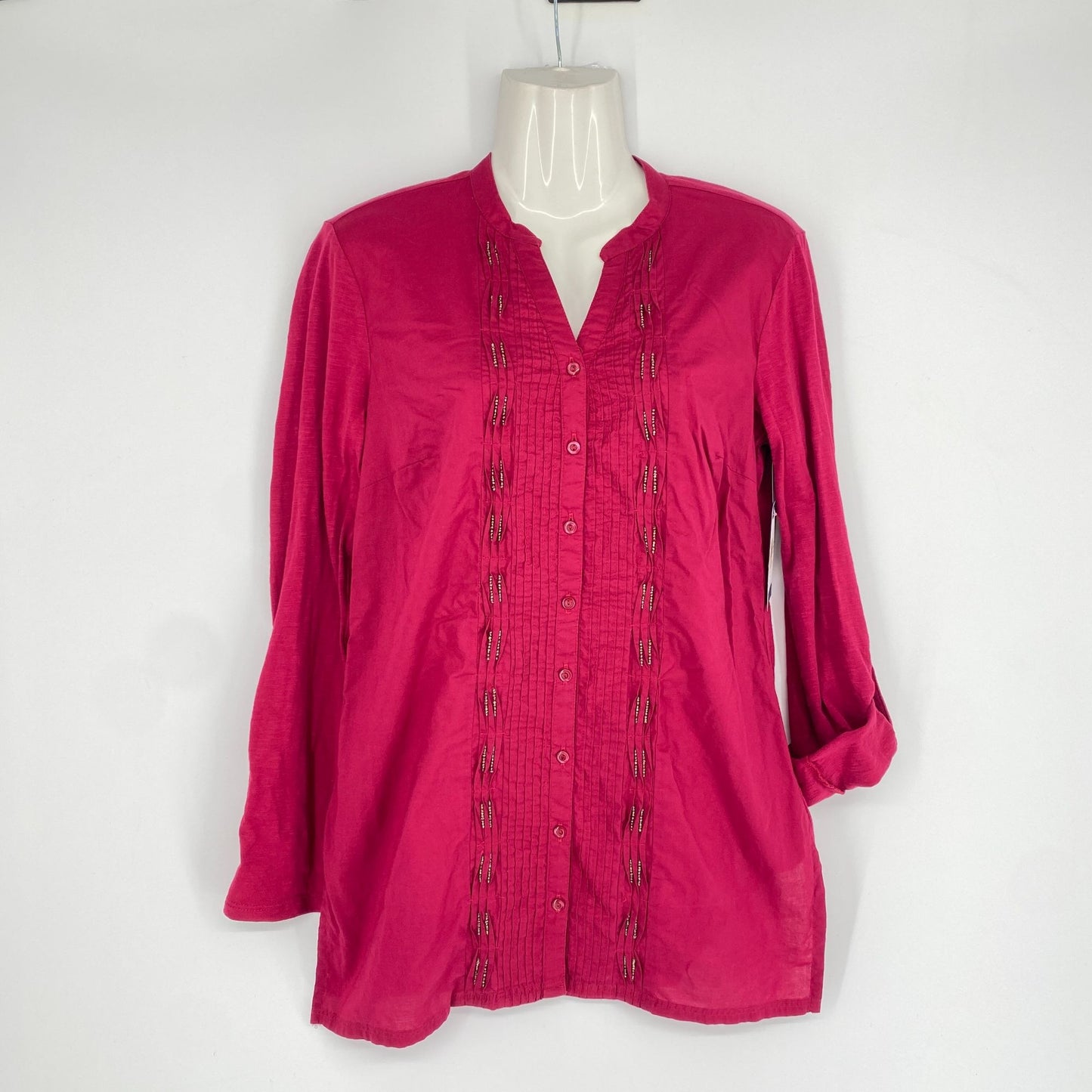 Coldwater Creek Blouse Maroon XS Tunic Pintuck Beaded Roll Tab Split Hem Vneck