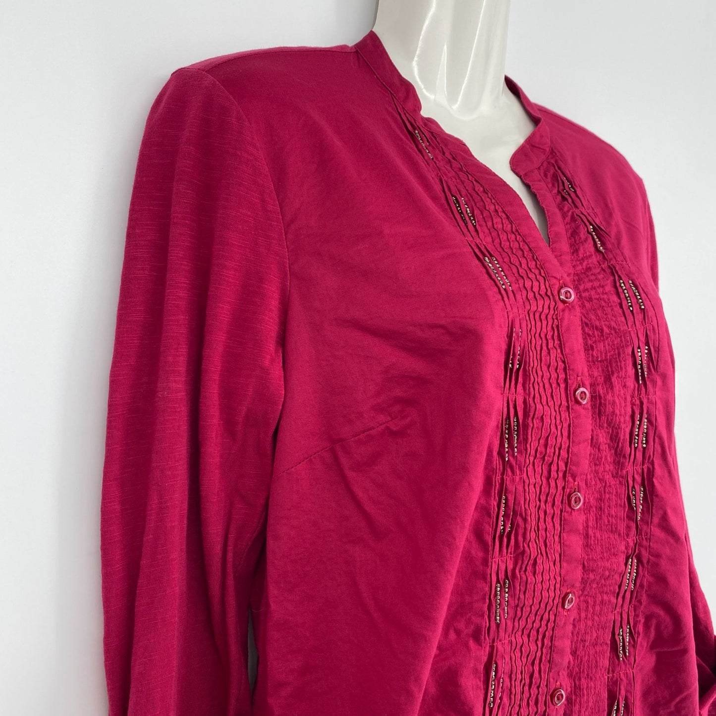 Coldwater Creek Blouse Maroon XS Tunic Pintuck Beaded Roll Tab Split Hem Vneck