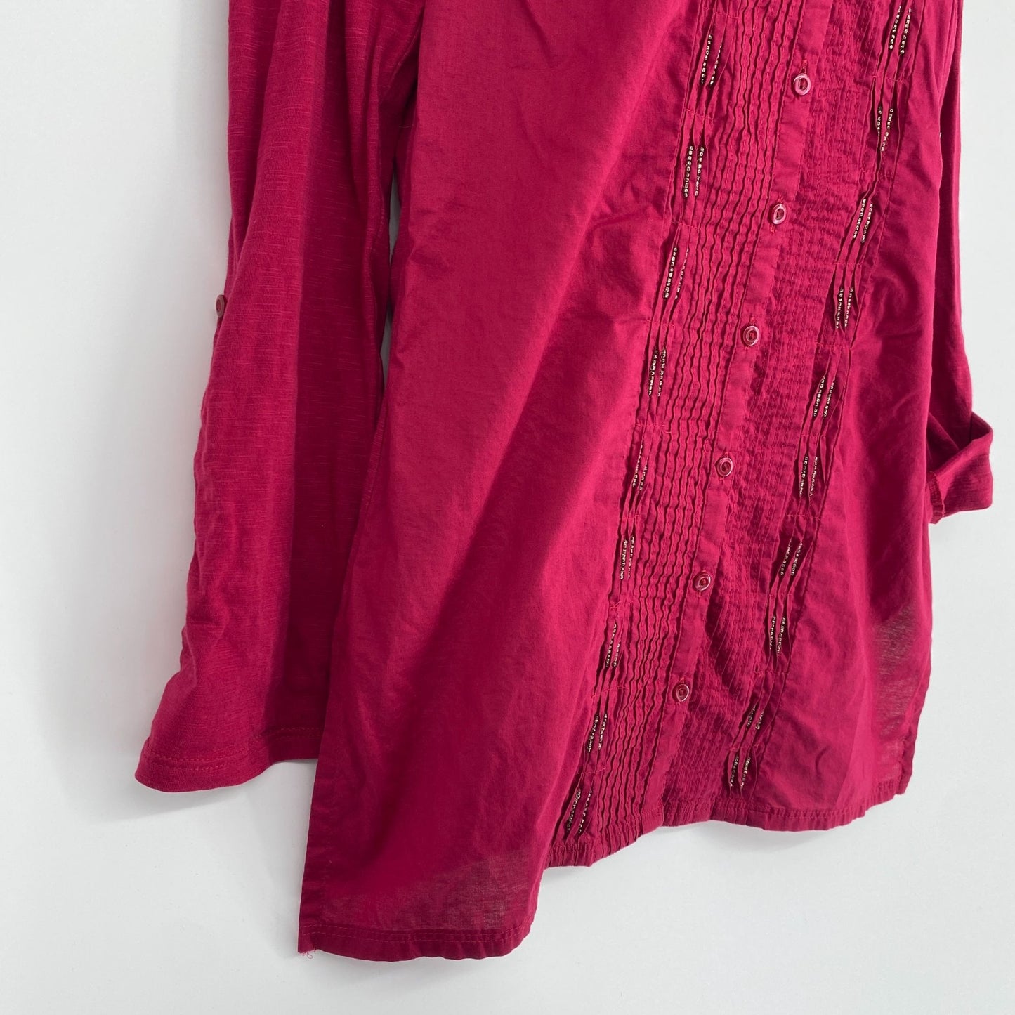 Coldwater Creek Blouse Maroon XS Tunic Pintuck Beaded Roll Tab Split Hem Vneck