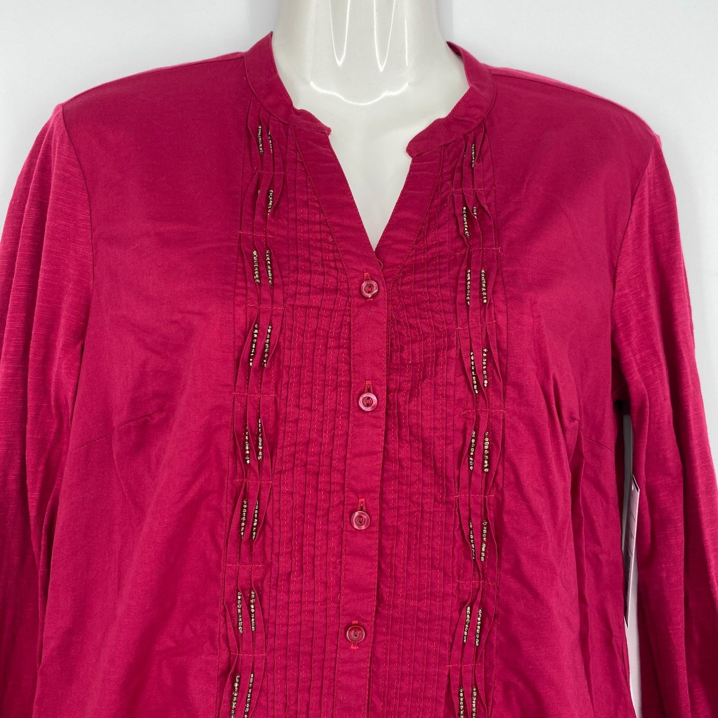 Coldwater Creek Blouse Maroon XS Tunic Pintuck Beaded Roll Tab Split Hem Vneck