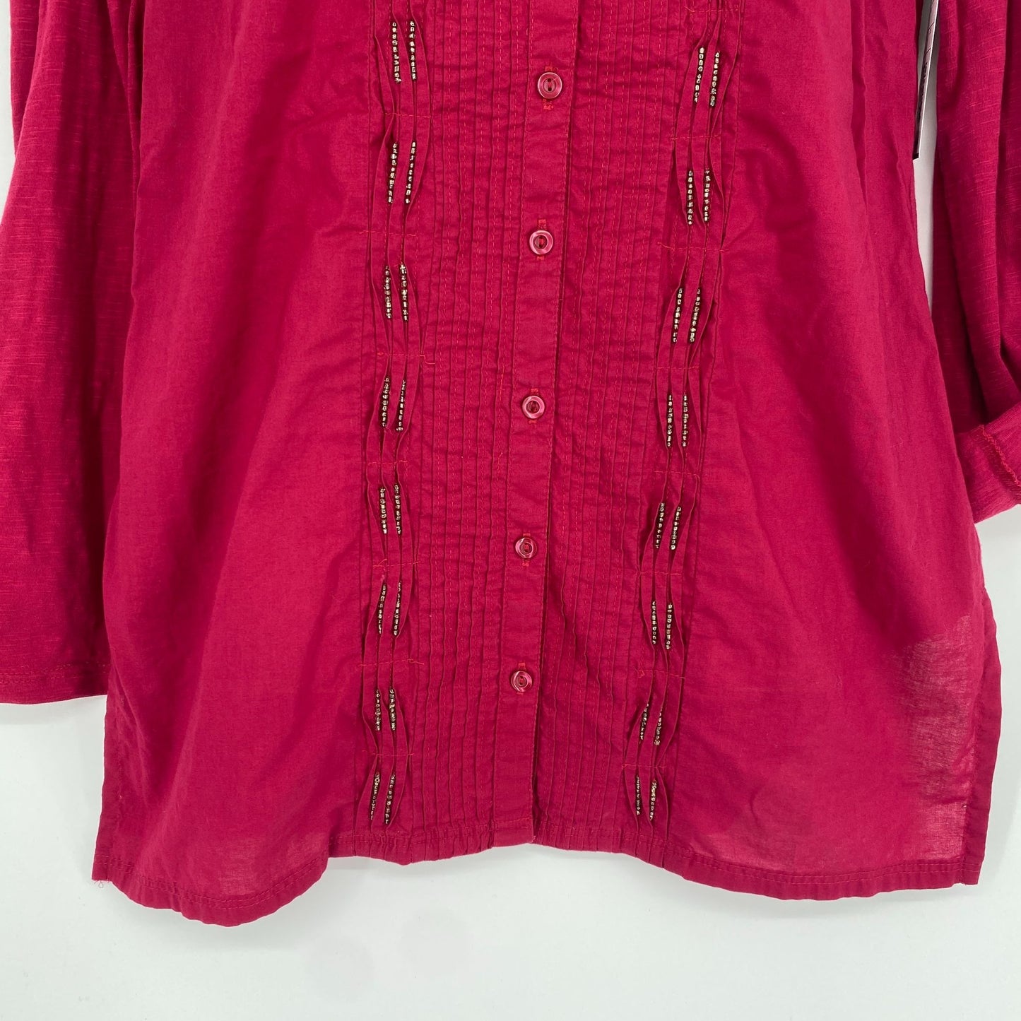 Coldwater Creek Blouse Maroon XS Tunic Pintuck Beaded Roll Tab Split Hem Vneck