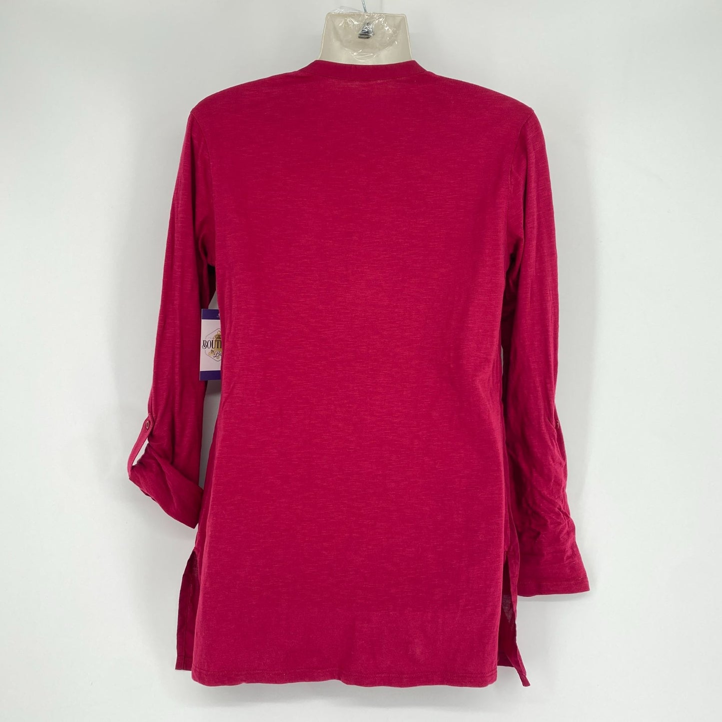 Coldwater Creek Blouse Maroon XS Tunic Pintuck Beaded Roll Tab Split Hem Vneck