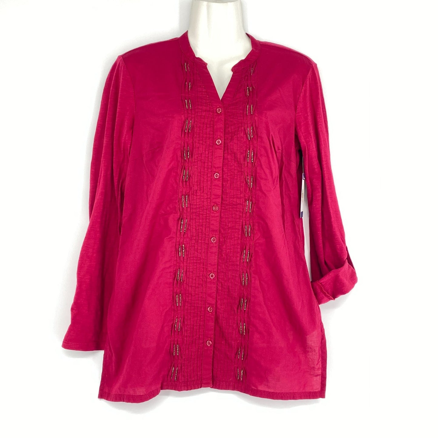 Coldwater Creek Blouse Maroon XS Tunic Pintuck Beaded Roll Tab Split Hem Vneck