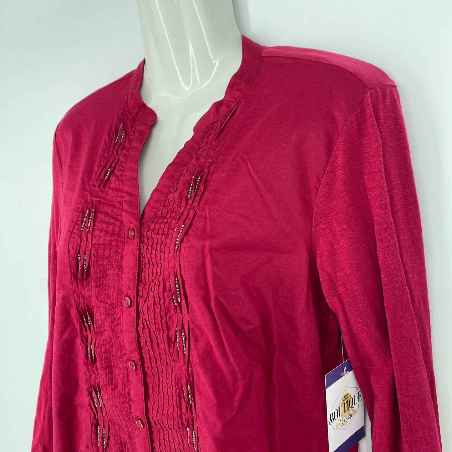 Coldwater Creek Blouse Maroon XS Tunic Pintuck Beaded Roll Tab Split Hem Vneck
