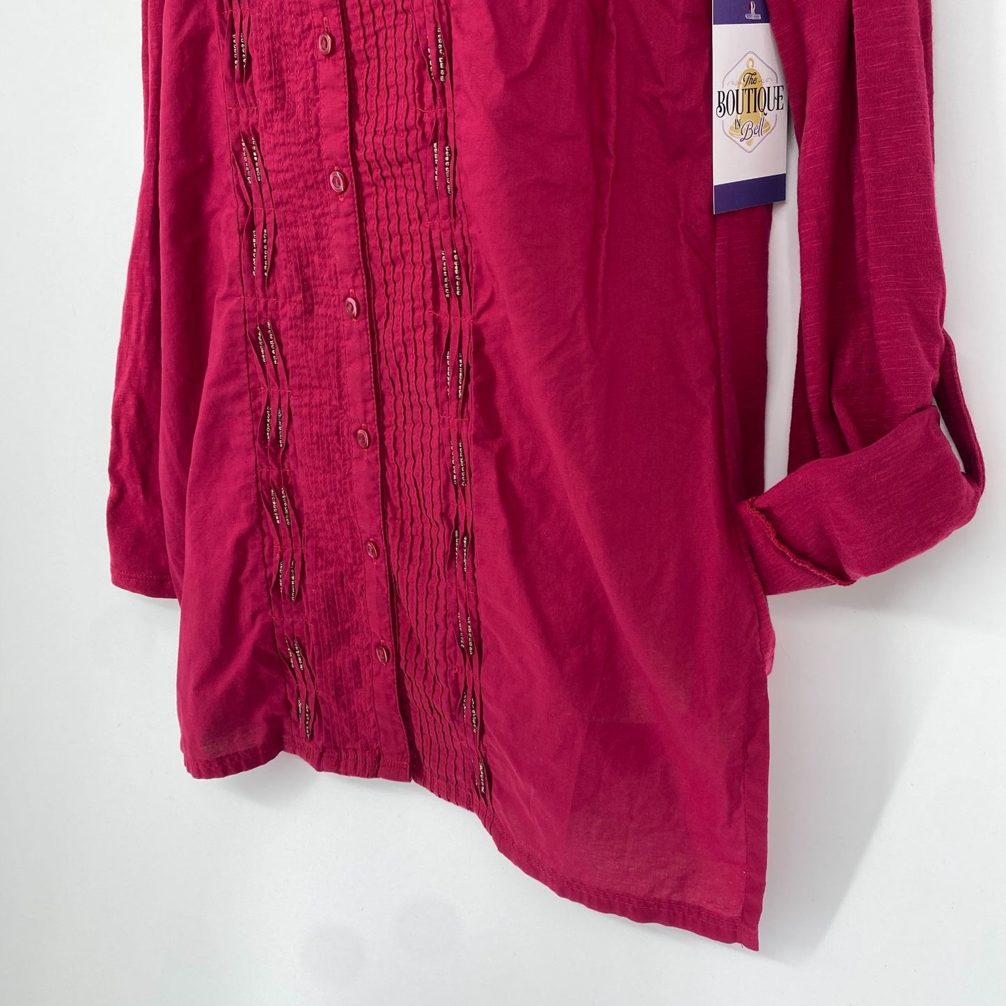 Coldwater Creek Blouse Maroon XS Tunic Pintuck Beaded Roll Tab Split Hem Vneck
