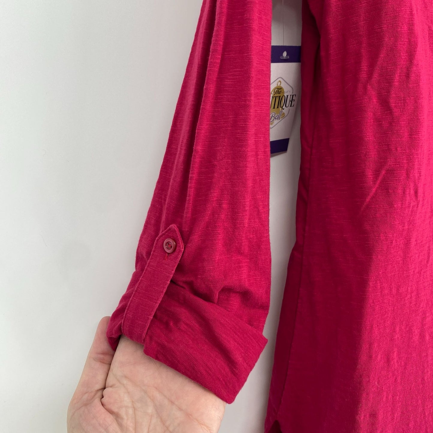 Coldwater Creek Blouse Maroon XS Tunic Pintuck Beaded Roll Tab Split Hem Vneck