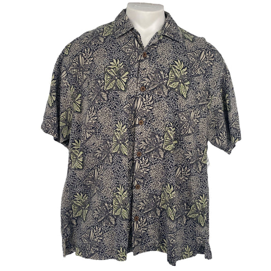 Tommy Bahama Mens XL Hawaiian Camp Shirt 100% Silk Black Green Copyrighted Print