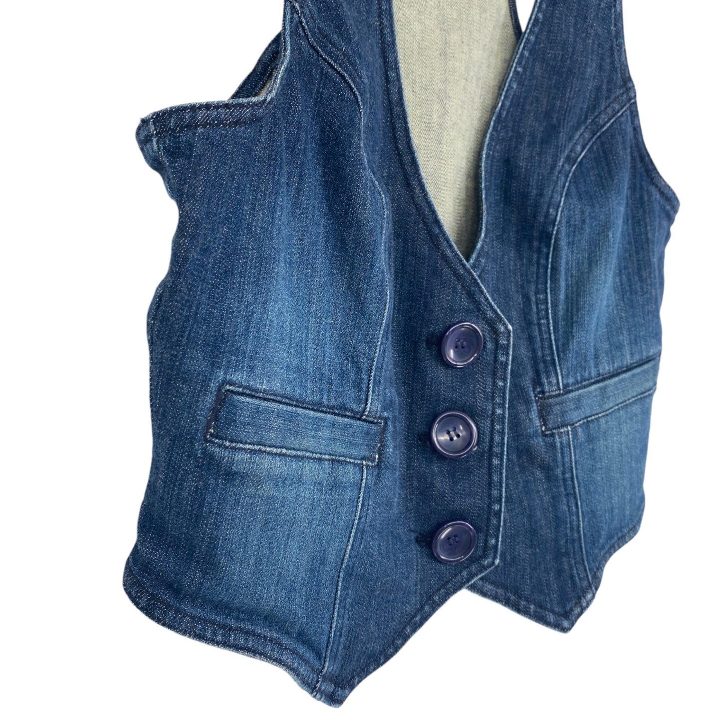 INC Women 2 Denim Stretch Vest Vneck Button Slit Pockets Fitted Racerback Y2K