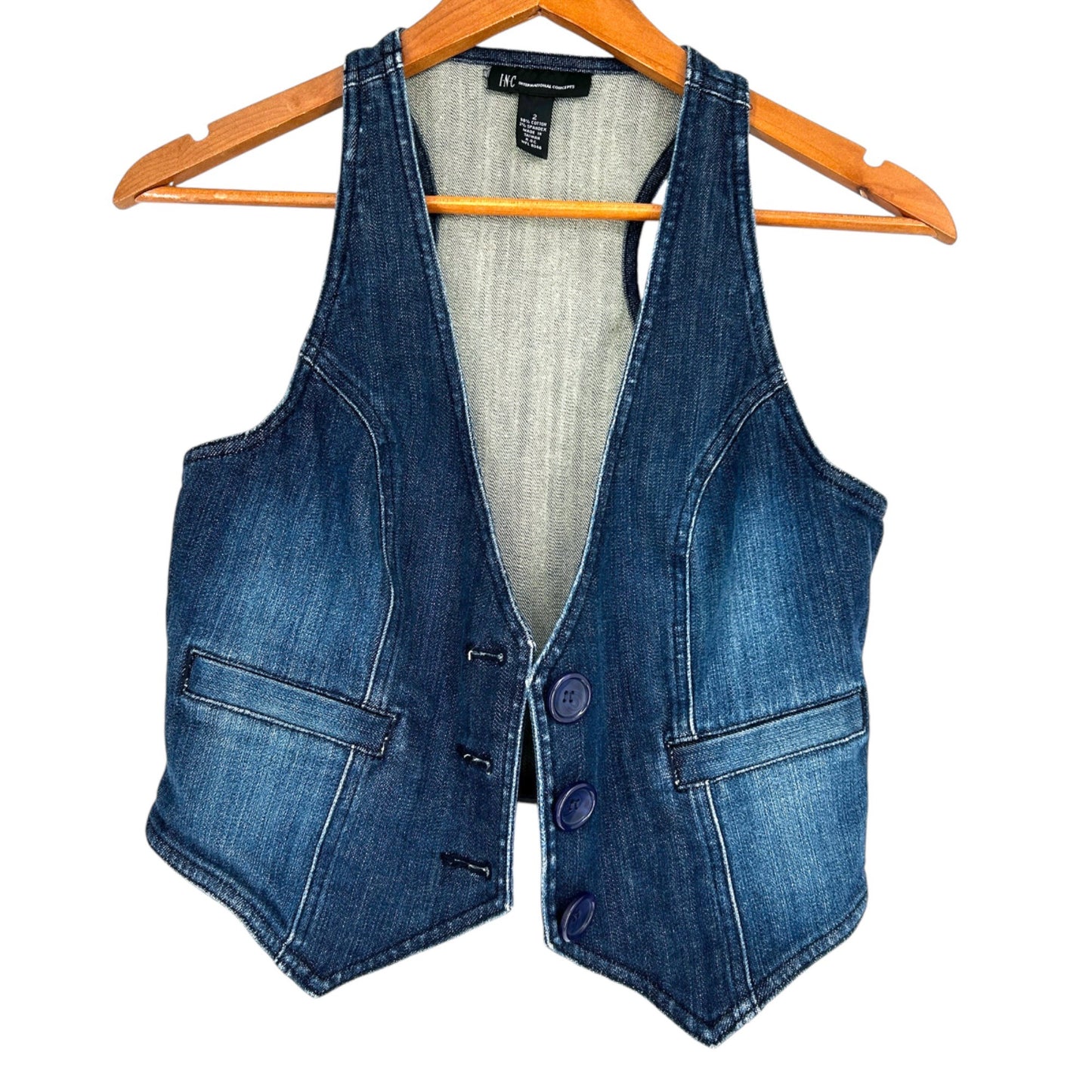 INC Women 2 Denim Stretch Vest Vneck Button Slit Pockets Fitted Racerback Y2K