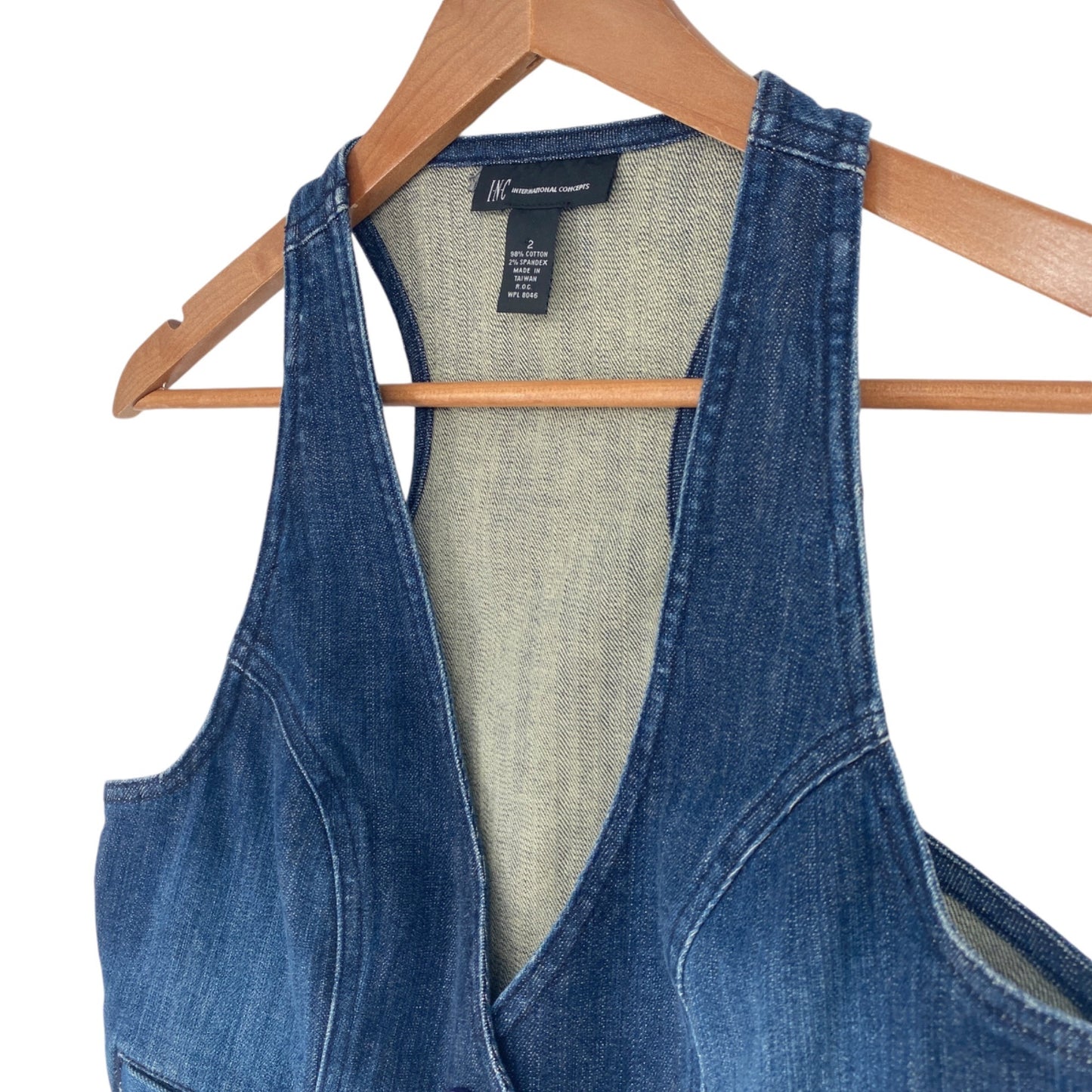 INC Women 2 Denim Stretch Vest Vneck Button Slit Pockets Fitted Racerback Y2K