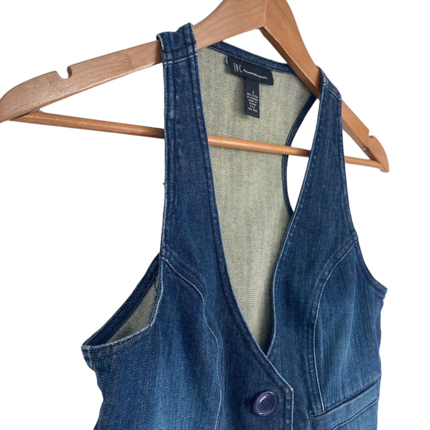 INC Women 2 Denim Stretch Vest Vneck Button Slit Pockets Fitted Racerback Y2K