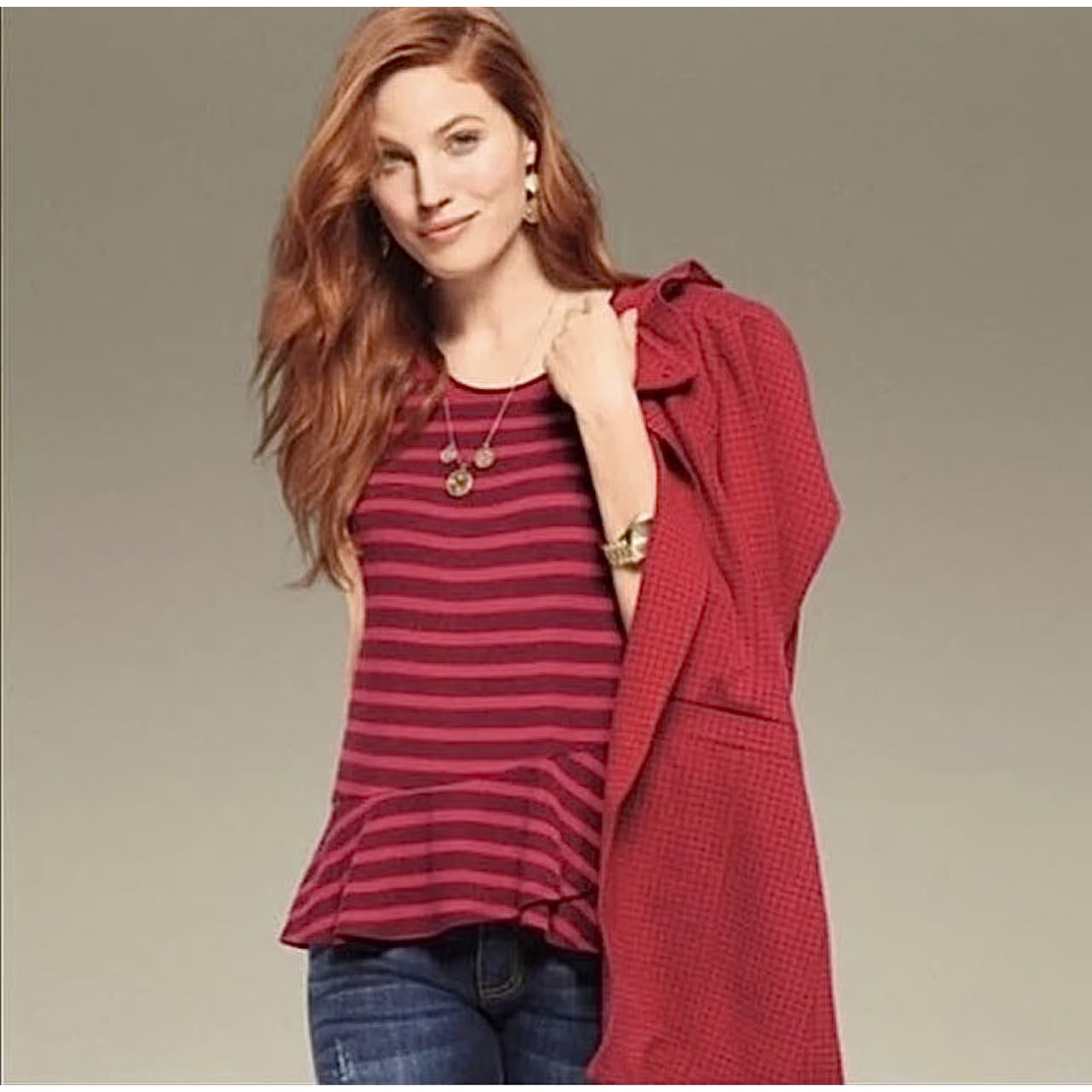 CAbi Womens M Sweet Talk Striped Peplum Shirt Ruffle Short Sleeve Garnet Red