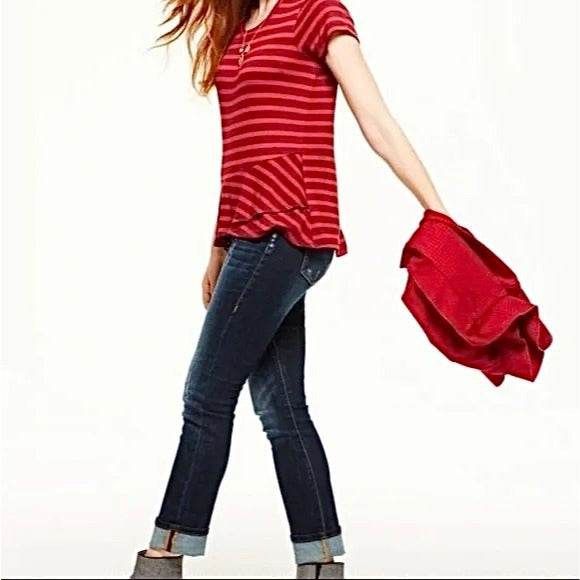 CAbi Womens M Sweet Talk Striped Peplum Shirt Ruffle Short Sleeve Garnet Red