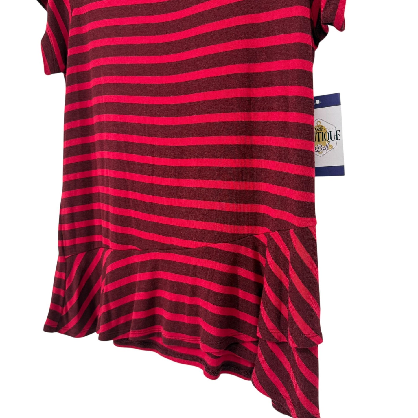 CAbi Womens M Sweet Talk Striped Peplum Shirt Ruffle Short Sleeve Garnet Red