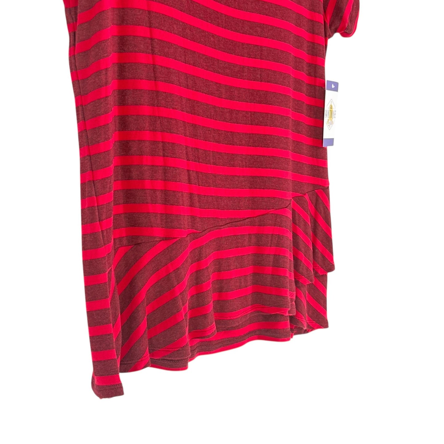 CAbi Womens M Sweet Talk Striped Peplum Shirt Ruffle Short Sleeve Garnet Red