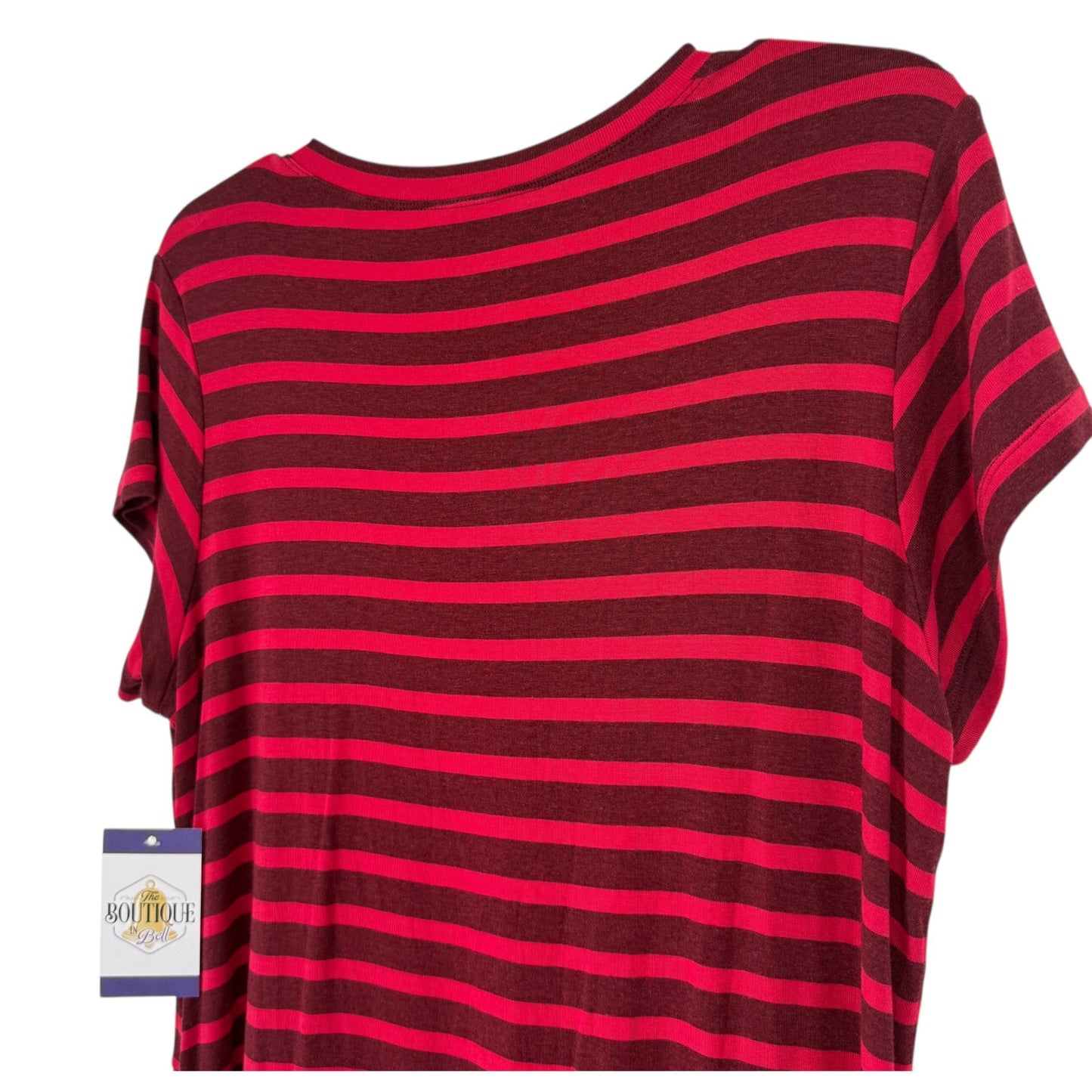 CAbi Womens M Sweet Talk Striped Peplum Shirt Ruffle Short Sleeve Garnet Red