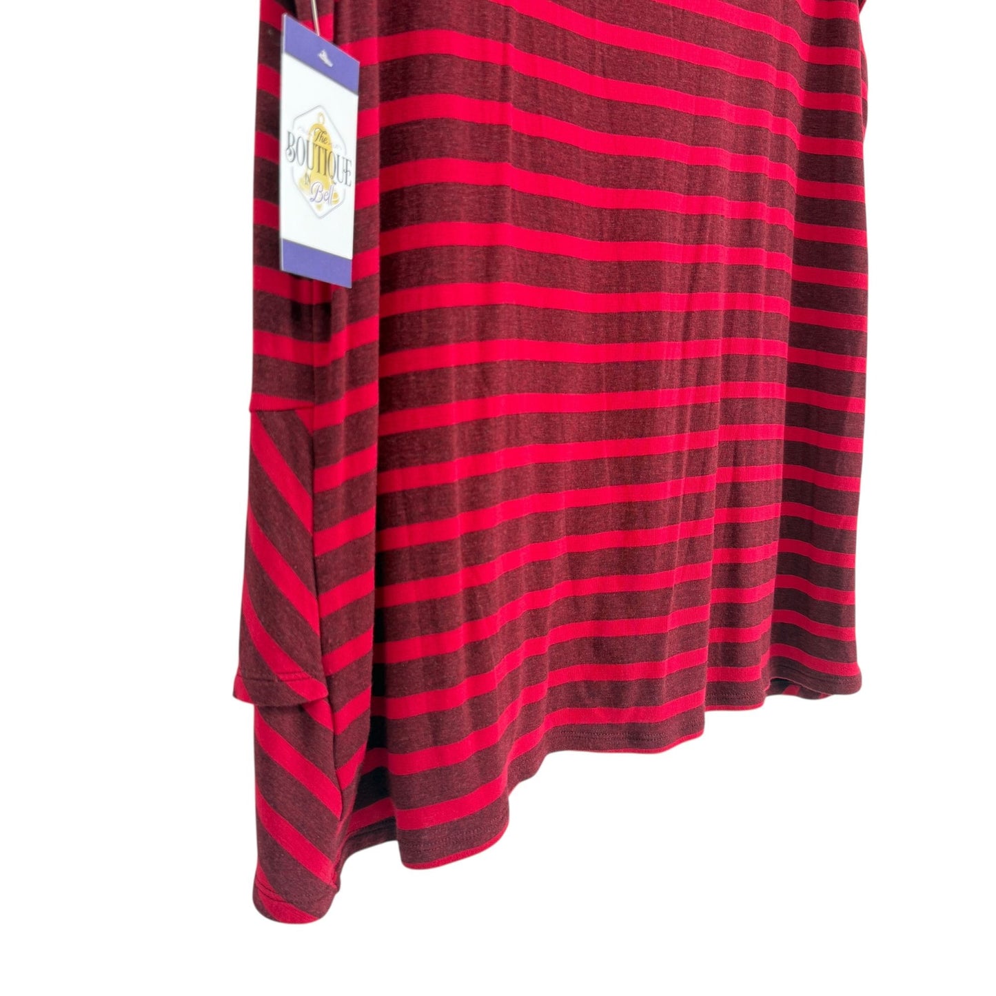 CAbi Womens M Sweet Talk Striped Peplum Shirt Ruffle Short Sleeve Garnet Red