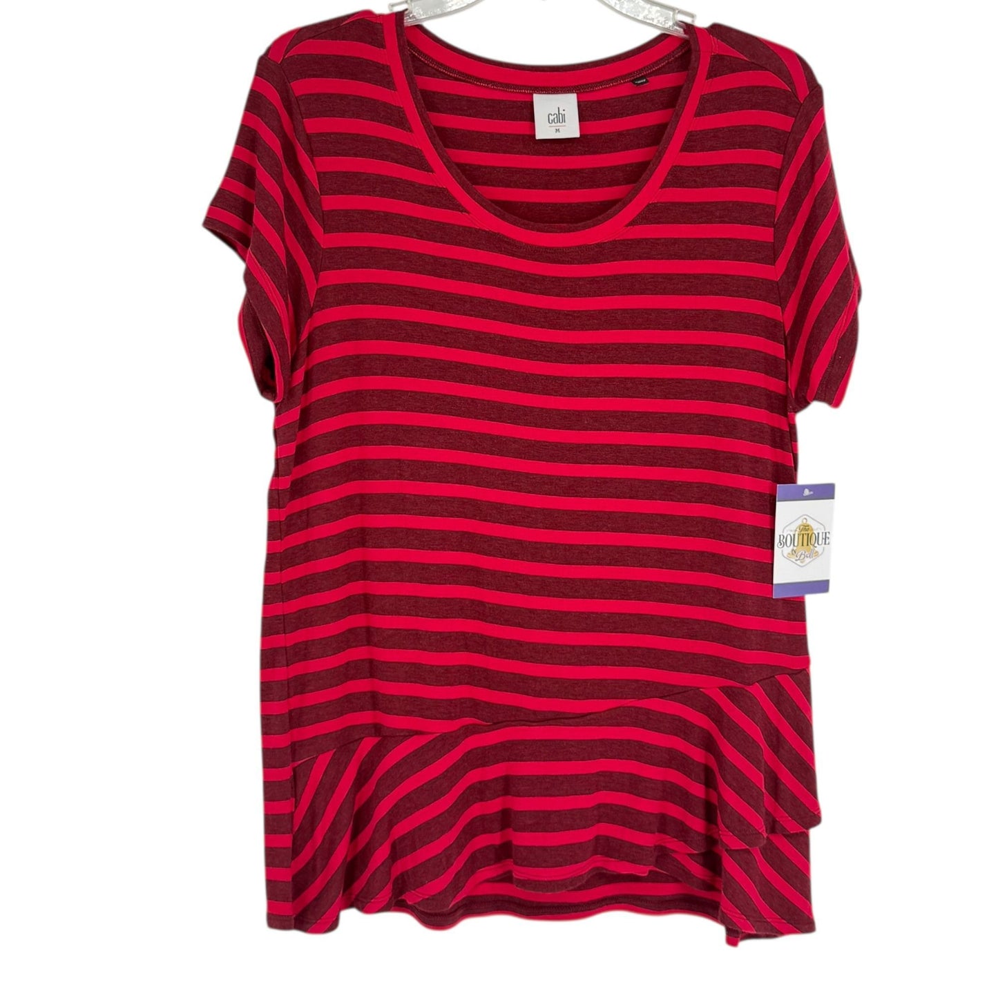 CAbi Womens M Sweet Talk Striped Peplum Shirt Ruffle Short Sleeve Garnet Red