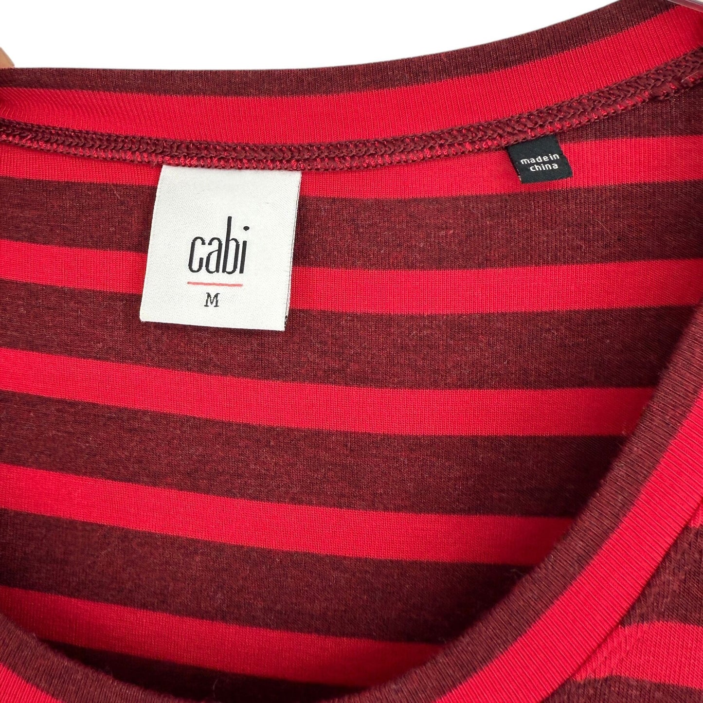 CAbi Womens M Sweet Talk Striped Peplum Shirt Ruffle Short Sleeve Garnet Red