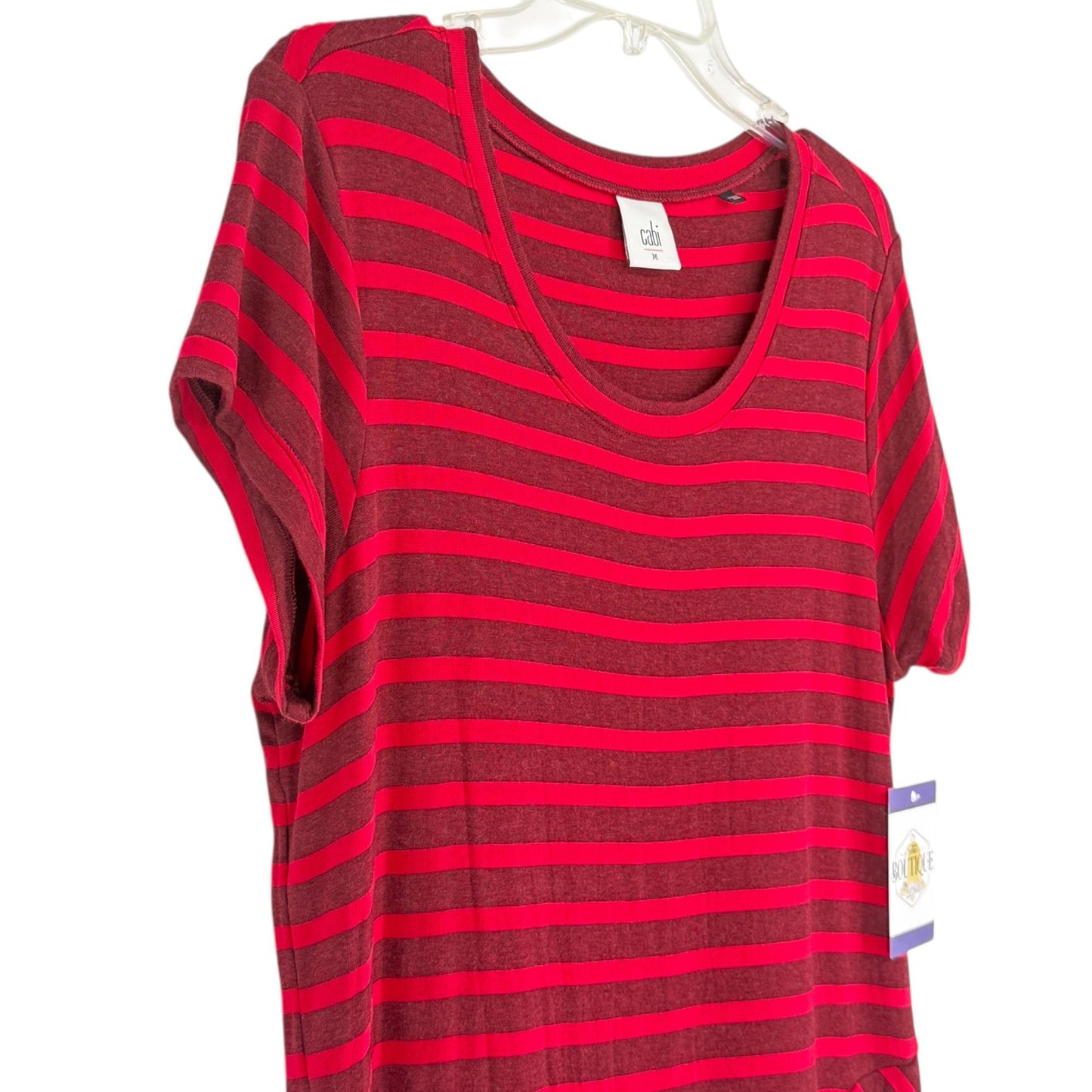 CAbi Womens M Sweet Talk Striped Peplum Shirt Ruffle Short Sleeve Garnet Red