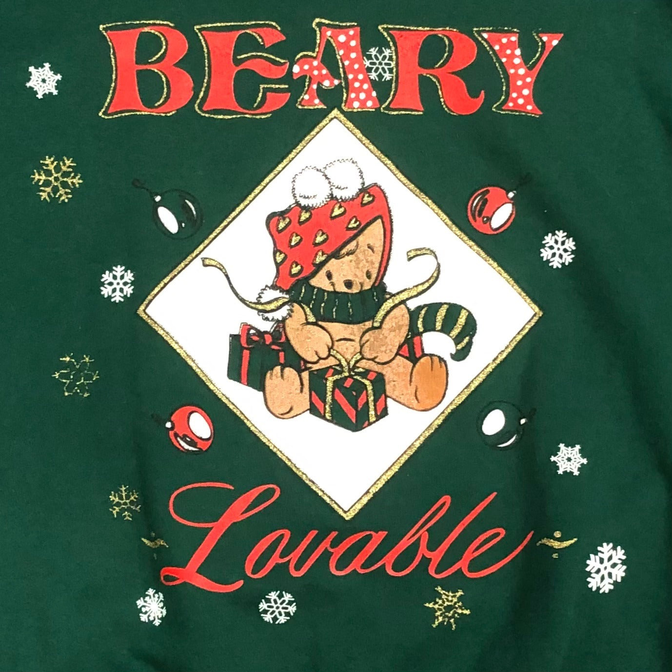 Vintage Hanes Her Way L Green "Beary Loveable" Christmas Sweatshirt Teddy Bear