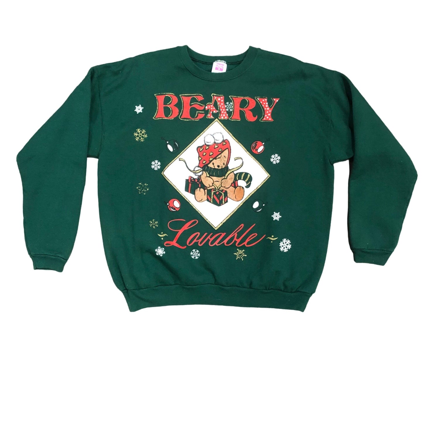 Vintage Hanes Her Way L Green "Beary Loveable" Christmas Sweatshirt Teddy Bear