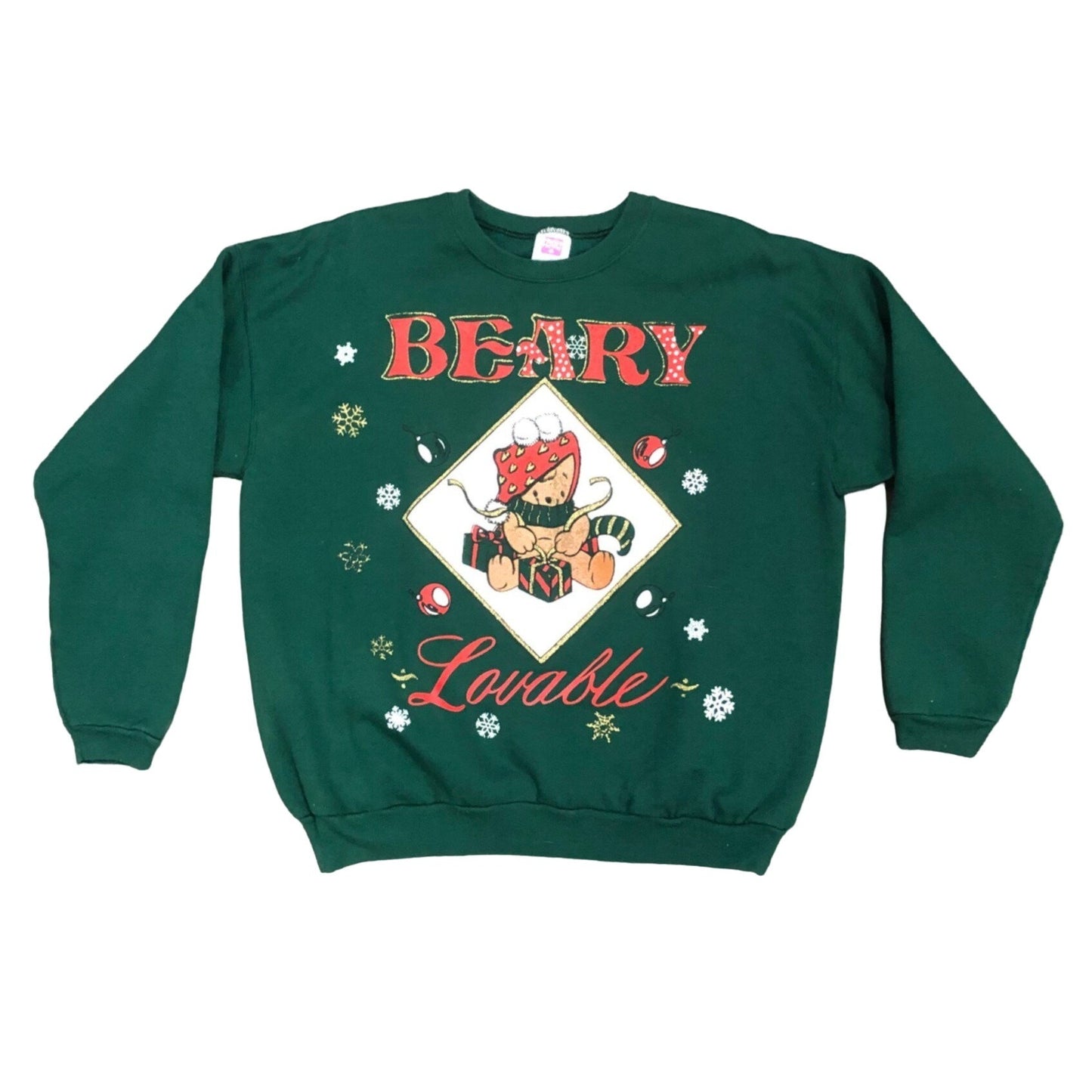 Vintage Hanes Her Way L Green "Beary Loveable" Christmas Sweatshirt Teddy Bear