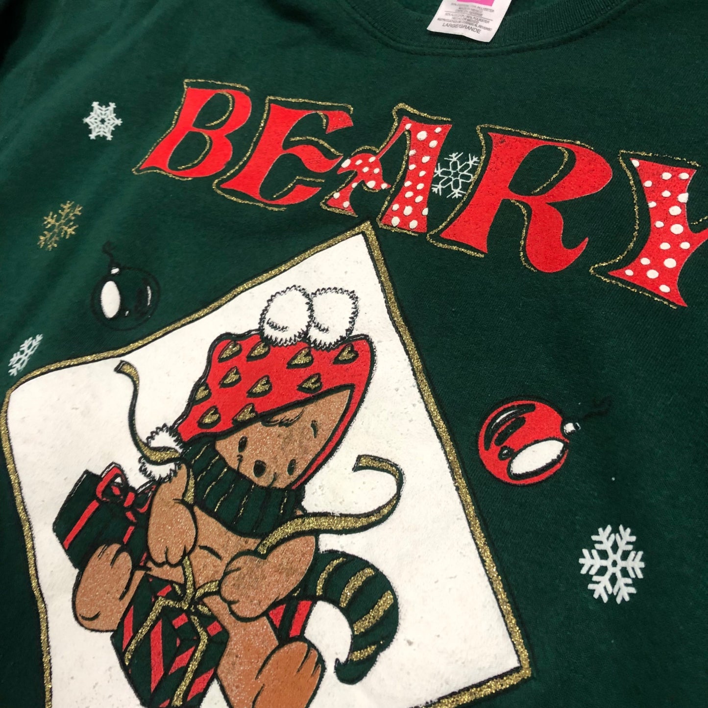 Vintage Hanes Her Way L Green "Beary Loveable" Christmas Sweatshirt Teddy Bear