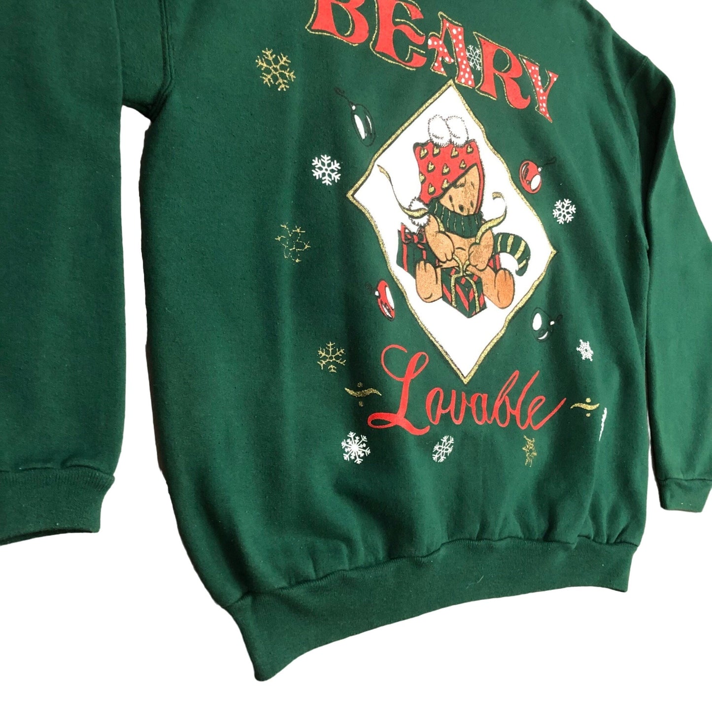 Vintage Hanes Her Way L Green "Beary Loveable" Christmas Sweatshirt Teddy Bear