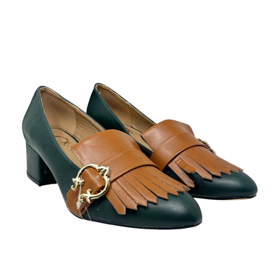 NWB C Wonder Womens 8 Sassie Loafers Block Heel Kiltie Fringe Green Brown Buckle