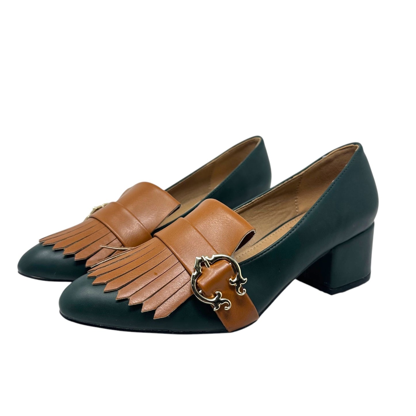 NWB C Wonder Womens 8 Sassie Loafers Block Heel Kiltie Fringe Green Brown Buckle